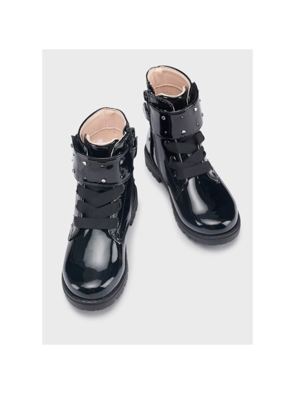 Mayoral Shiny Black Kids Boots with Studded Straps